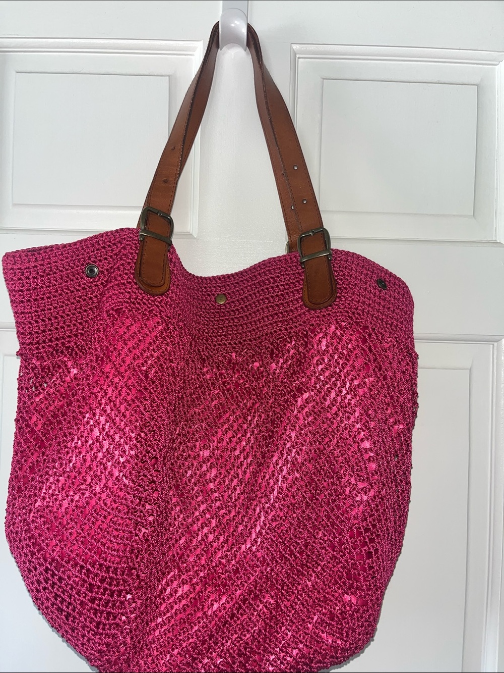 Elliot Mann Walkup Pink Woven Tote Bag with Brown Leather Straps
